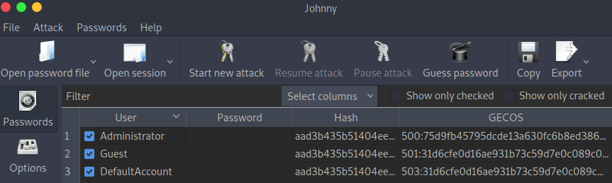 johnny passwords tab with password hashes loaded